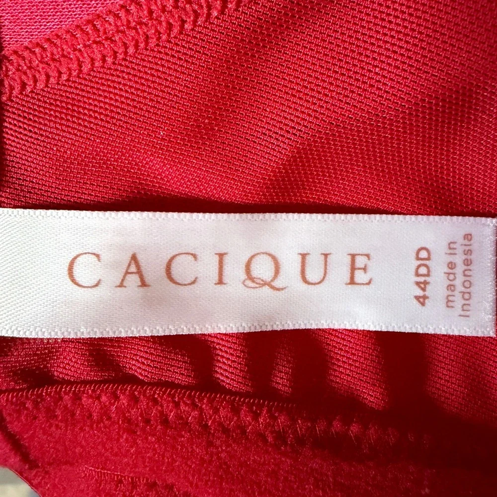 Cacique‎ Unlined High Apex Plunge Bra Women 44DD Red Gold Lace Underwire 1147423